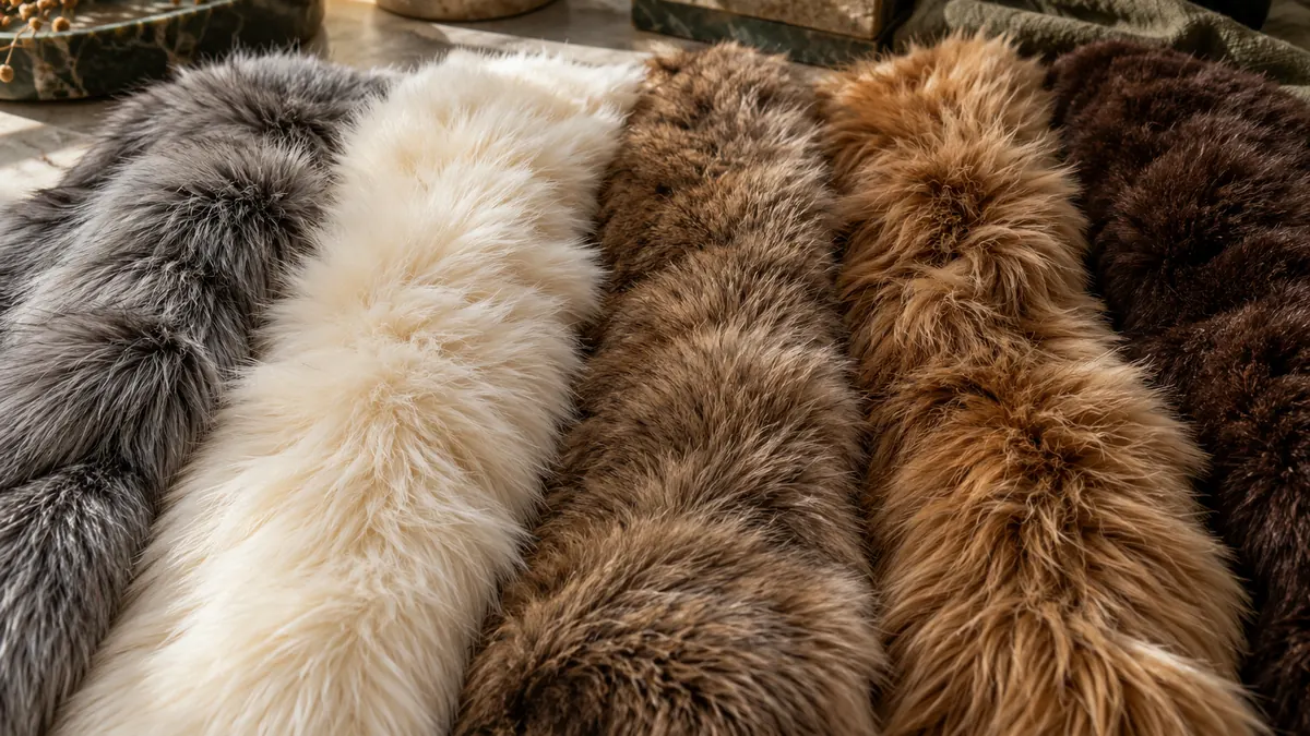 Strips of natural and faux fur material samples in grey, cream and brown
