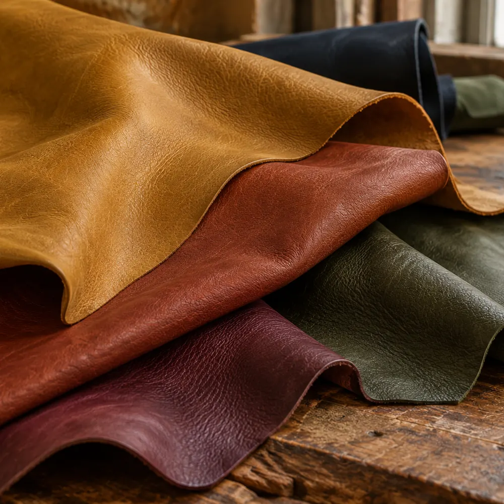 Dyed leather hides in ochre, rust and burgundy layered on a workbench