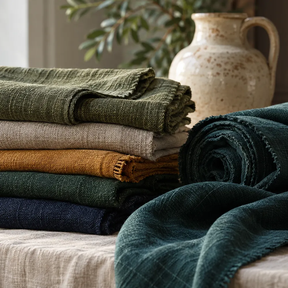Folded woven fabrics and a roll of deep green cloth on a linen table