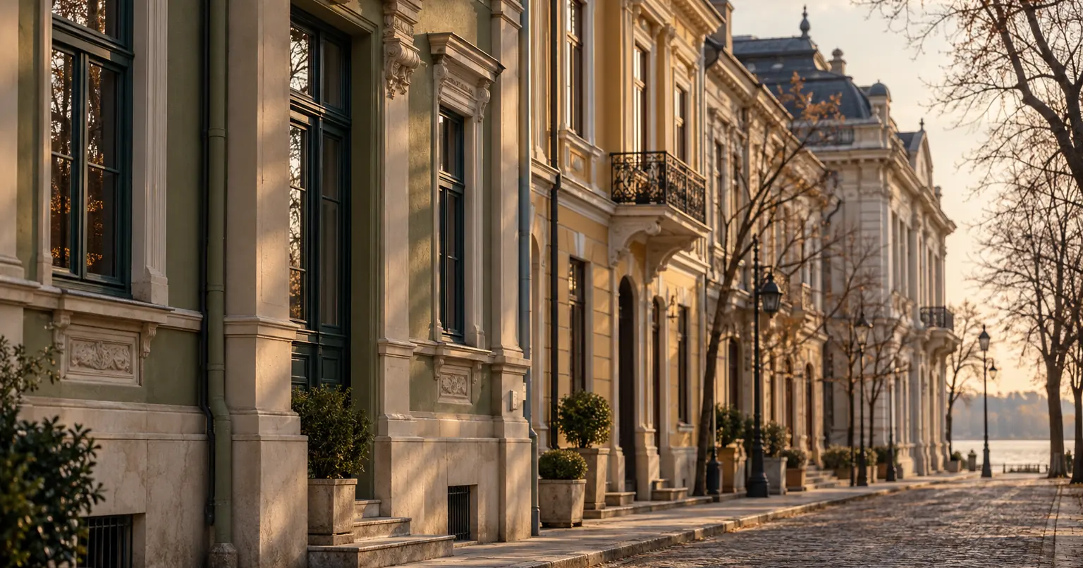 A street of restored neoclassical facades in Ruse in late afternoon light
