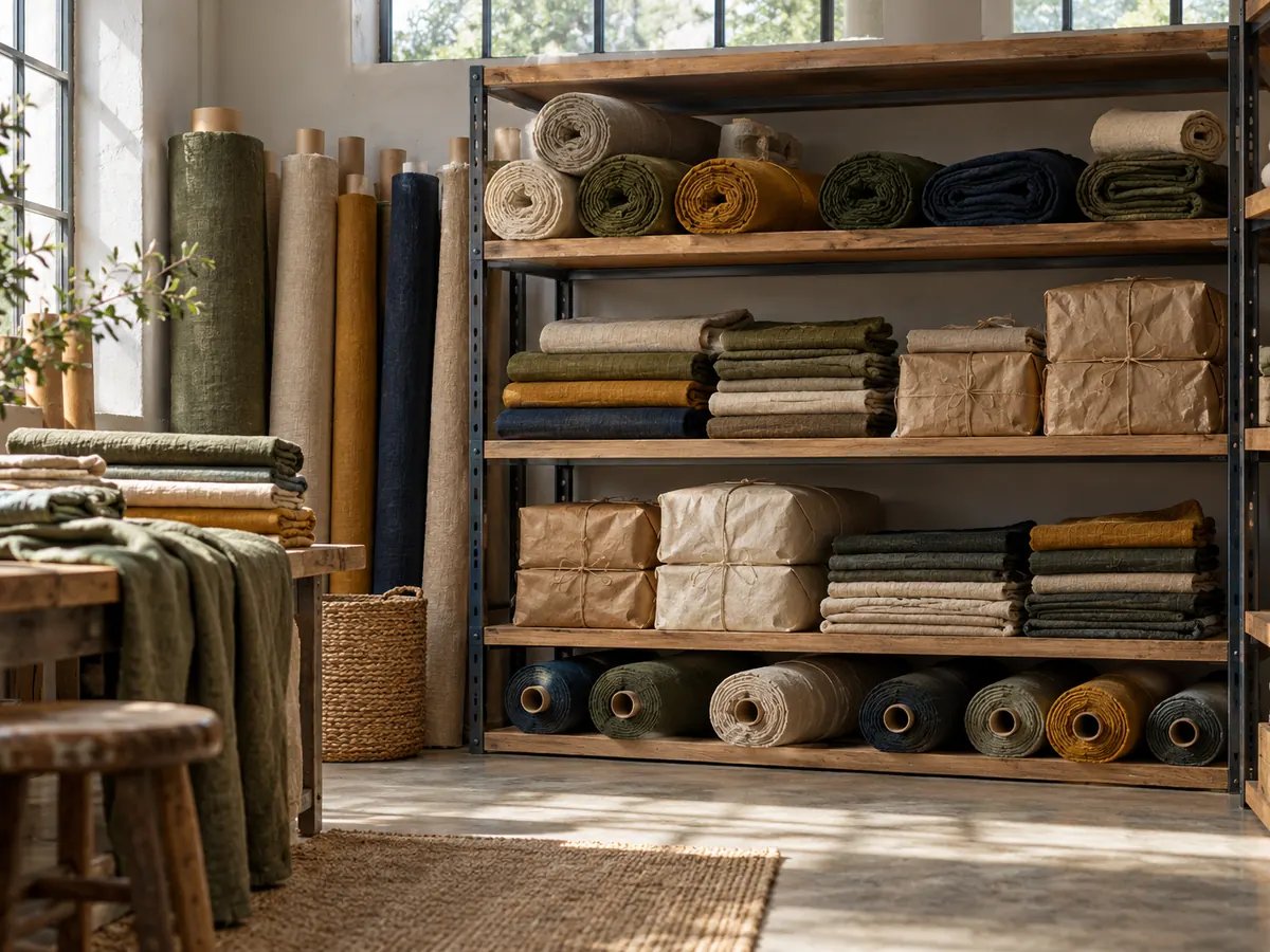 Tidy storeroom shelves with rolls of fabric and wrapped bundles